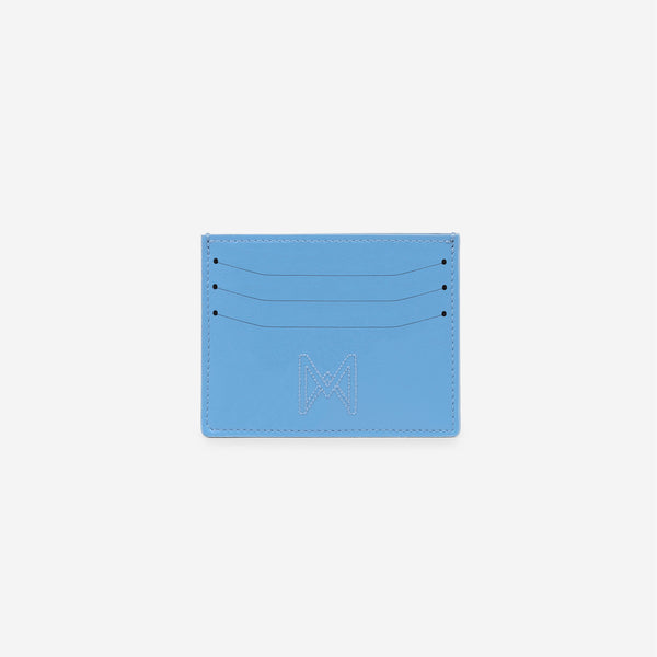 Porte-cartes M24 de MAES Paris, fabriqué en France en M_MAT_mycelium, vu de face [color:bleu denim,denim blue]