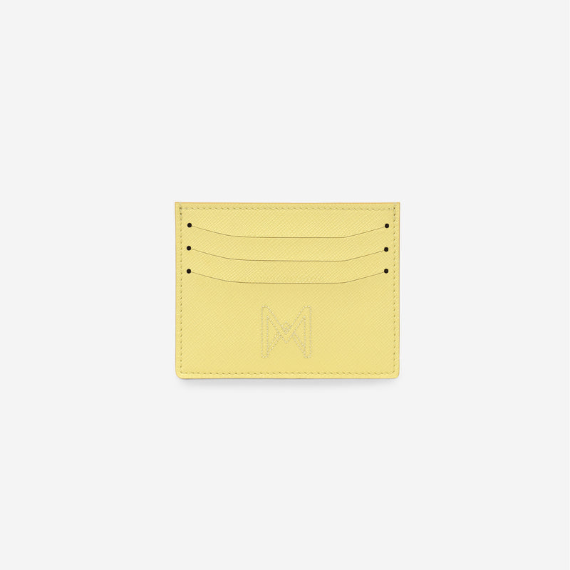 Porte-cartes M24 de MAES Paris, fabriqué en France en M_MAT_mycelium, vu de face [color:jaune saffiano,saffiano yellow]