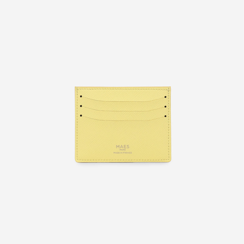 Porte-cartes M24 de MAES Paris, fabriqué en France en M_MAT_mycelium, vu de dos [color:jaune saffiano,saffiano yellow]