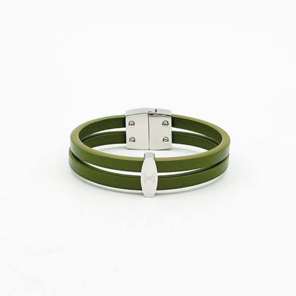 Bracelet MAES Paris B24 en mycelium kaki - vue de face [color:vert kaki,khaki green][finish:argenté,silver]