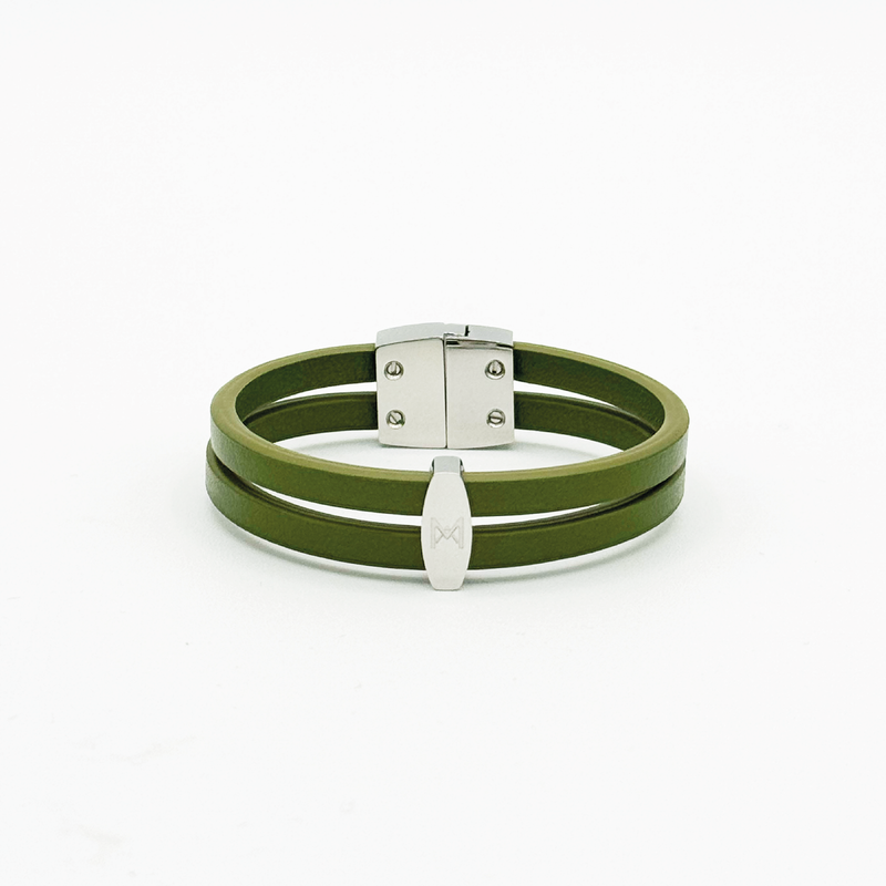 Bracelet MAES Paris B24 en mycelium kaki - vue de face [color:vert kaki,khaki green][finish:argenté,silver]