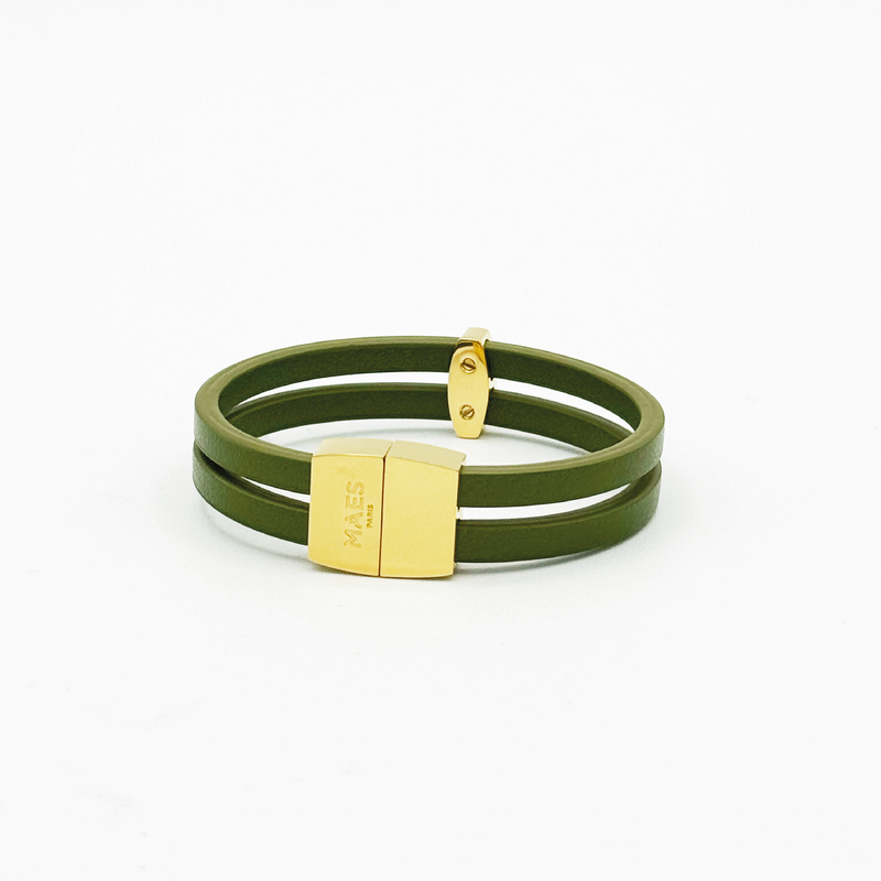 Bracelet MAES Paris B24 en mycelium kaki - vue de dos [color:vert kaki,khaki green][finish:doré,gold]