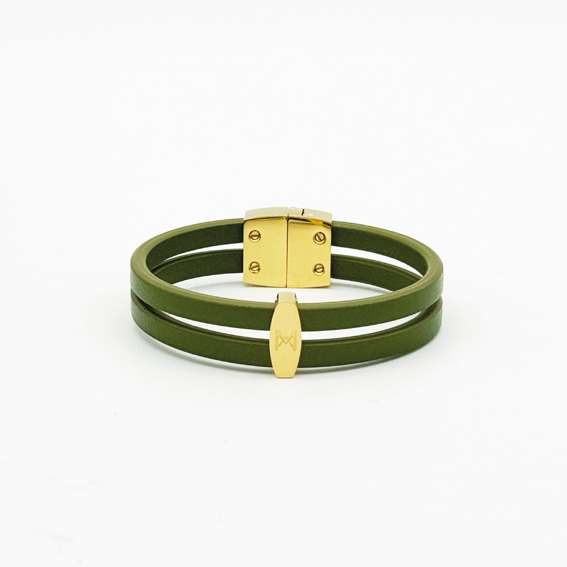 Bracelet MAES Paris B24 en mycelium kaki - vue de face [color:vert kaki,khaki green][finish:doré,gold]