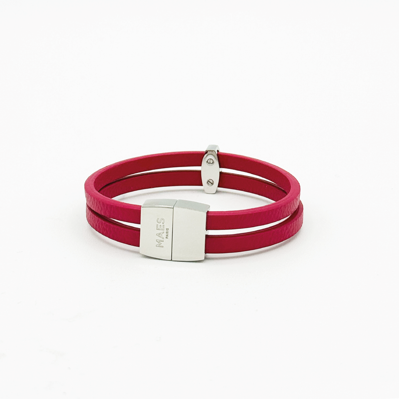 Bracelet MAES Paris B242 en mycelium kaki - vue de dos [color:rose rubis,pink ruby][finish:argenté,silver]