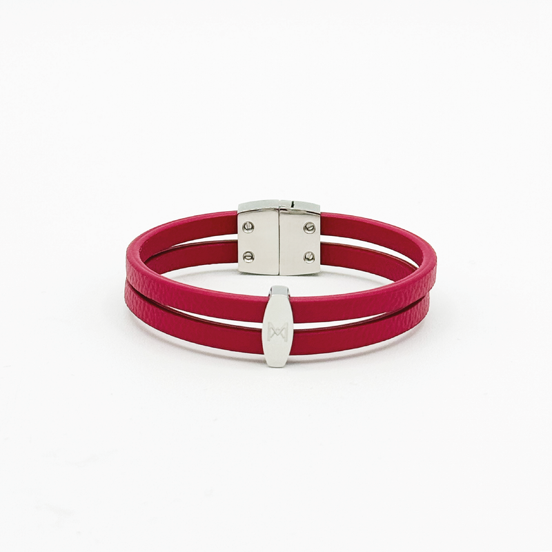 Bracelet MAES Paris B242 en mycelium kaki - vue de face [color:rose rubis,pink ruby][finish:argenté,silver]