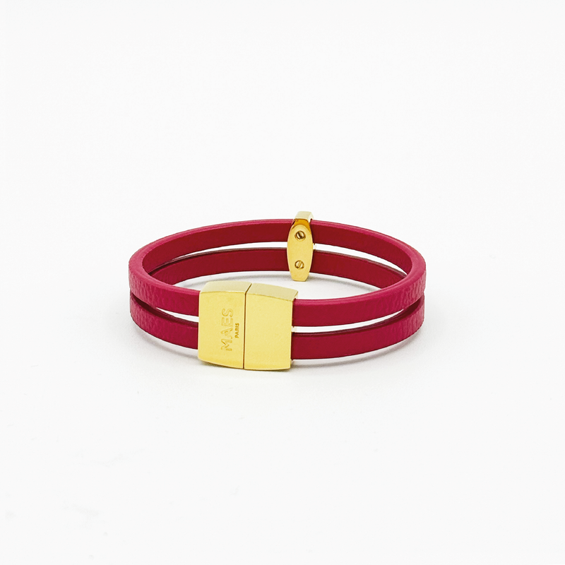 Bracelet MAES Paris B242 en mycelium kaki - vue de dos [color:rose rubis,pink ruby][finish:doré,gold]