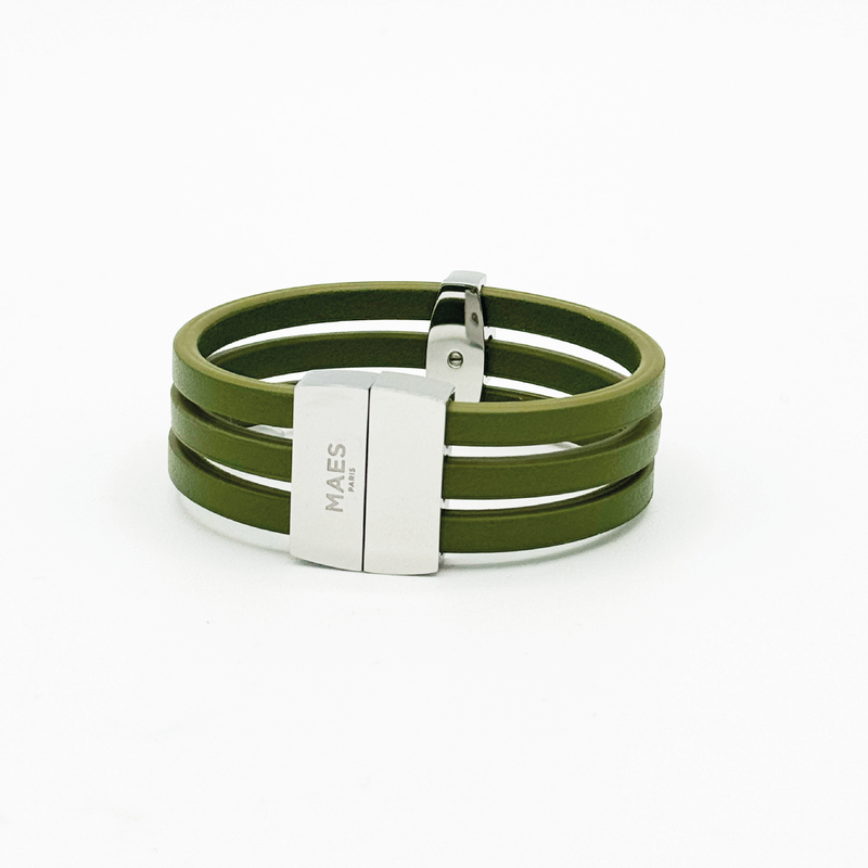 Bracelet MAES Paris B243 en mycelium kaki - vue de dos [color:vert kaki,khaki green][finish:argenté,silver]