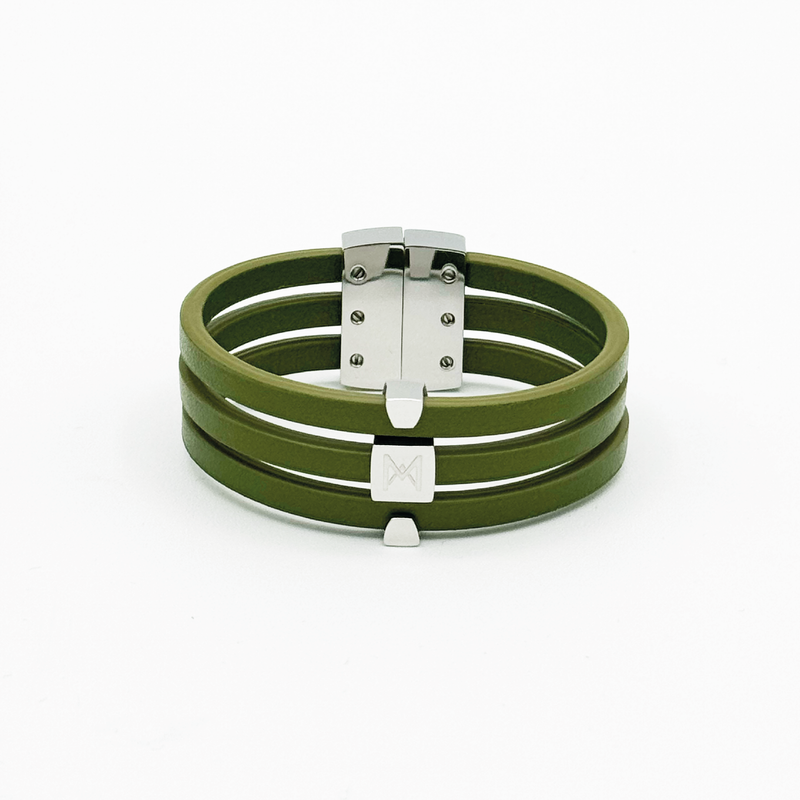 Bracelet MAES Paris B243 en mycelium kaki - vue de face [color:vert kaki,khaki green][finish:argenté,silver]