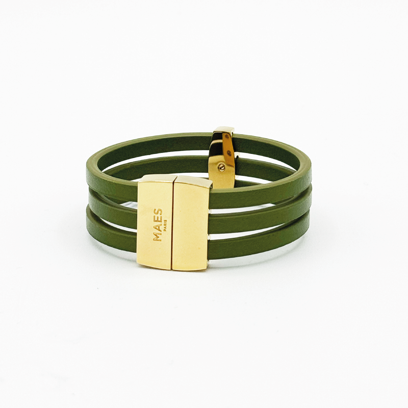 Bracelet MAES Paris B243 en mycelium kaki - vue de dos [color:vert kaki,khaki green][finish:doré,gold]