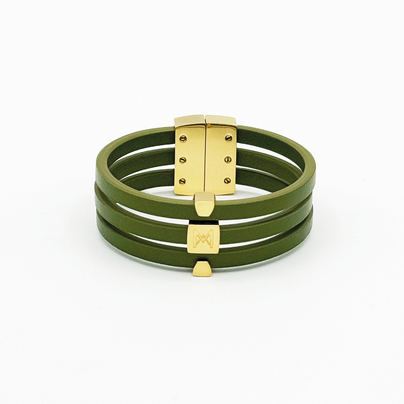 Bracelet MAES Paris B243 en mycelium kaki - vue de face [color:vert kaki,khaki green][finish:doré,gold]