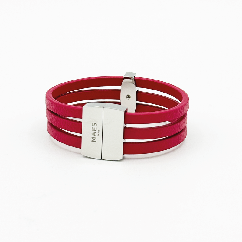 Bracelet MAES Paris B243 en mycelium kaki - vue de dos [color:rose rubis,pink ruby][finish:argenté,silver]