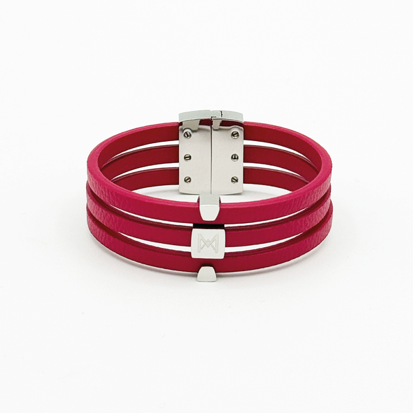 Bracelet MAES Paris B243 en mycelium kaki - vue de face [color:rose rubis,pink ruby][finish:argenté,silver]