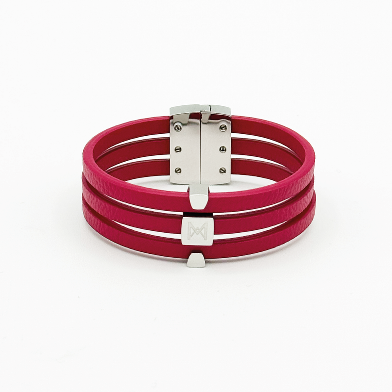 Bracelet MAES Paris B243 en mycelium kaki - vue de face [color:rose rubis,pink ruby][finish:argenté,silver]