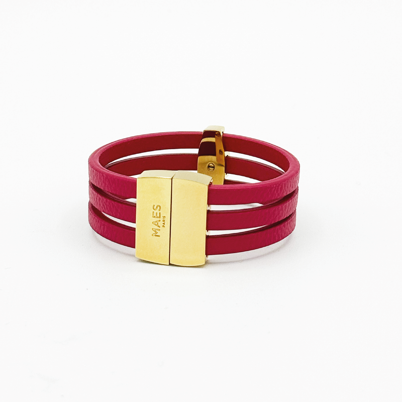 Bracelet MAES Paris B243 en mycelium kaki - vue de dos [color:rose rubis,pink ruby][finish:doré,gold]